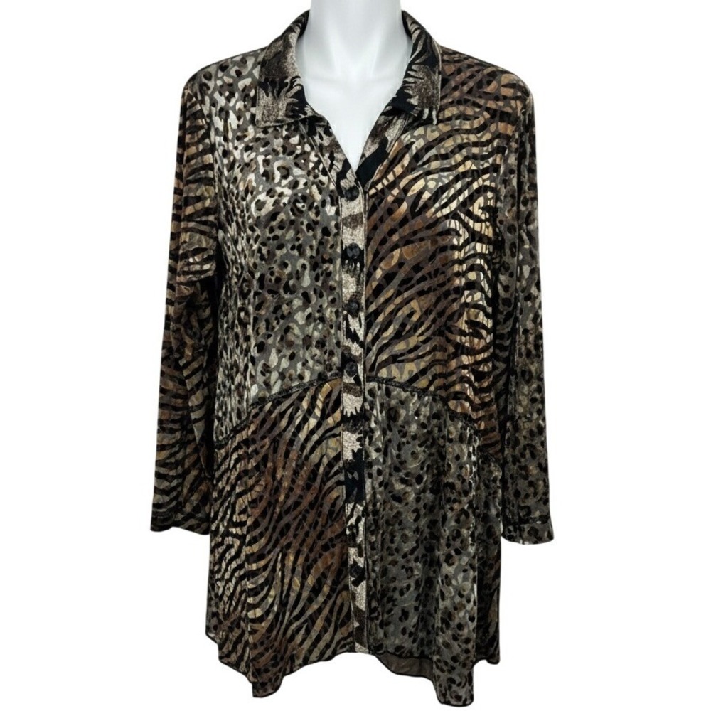 Ali Miles Womens Medium Brown Animal Semi Sheer Long Sleeve Shirt‎ Tunic Burnout